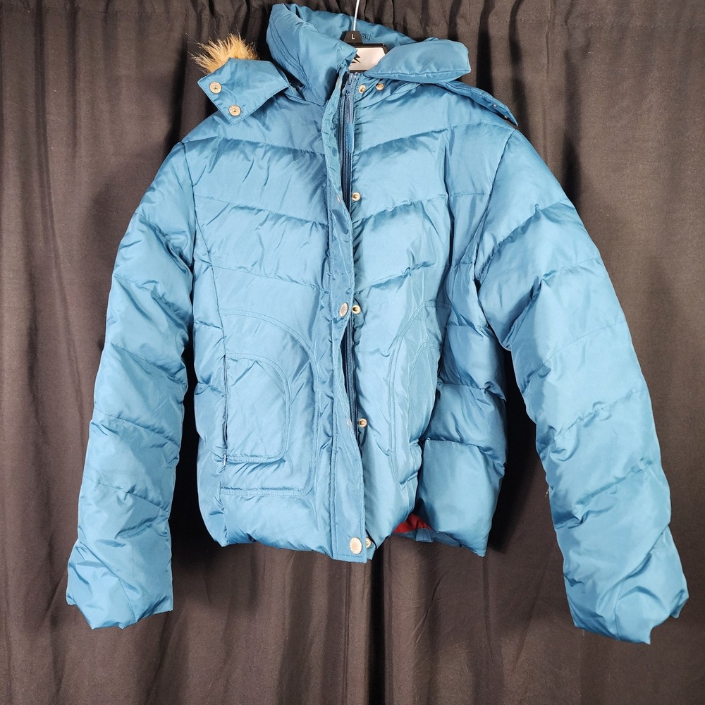 Maurices Blue Down Feather Puffer Jacket Faux Fur Trim Hood Womens Large L